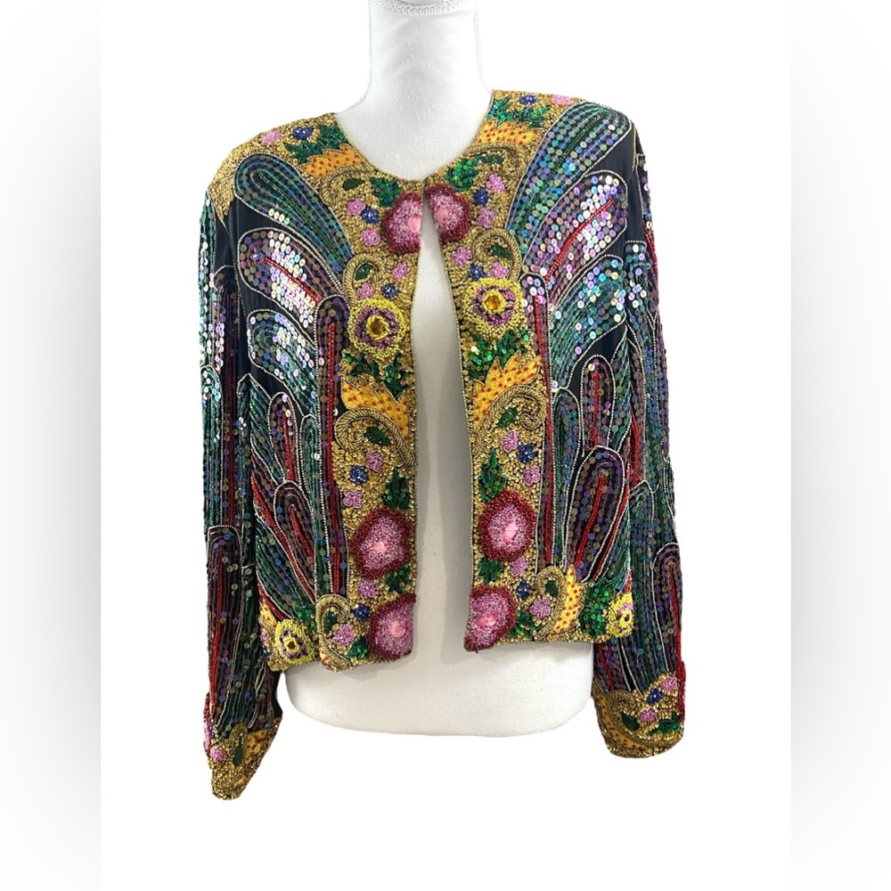 Scala Vintage Silk Sequin Beaded Embroidered Matador Bolero Jacket Colorful Boho - Picture 2 of 12